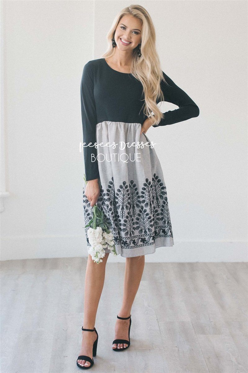 The Ambrose Modest Dresses vendor-unknown S Black & Light Gray Pinstripes With Embroidered Details