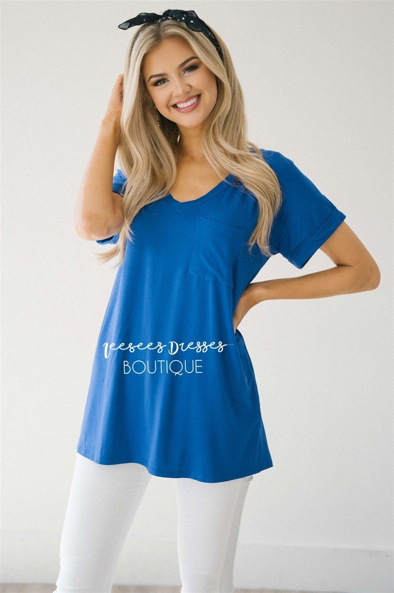 Short Sleeve Front Pocket V Neck Tee Tops vendor-unknown S Royal Blue