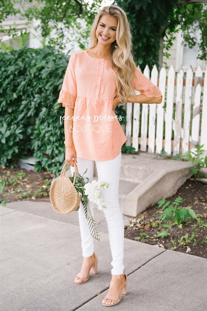 Button Front Lace Bell Sleeve Top Tops vendor-unknown S Peachy Coral