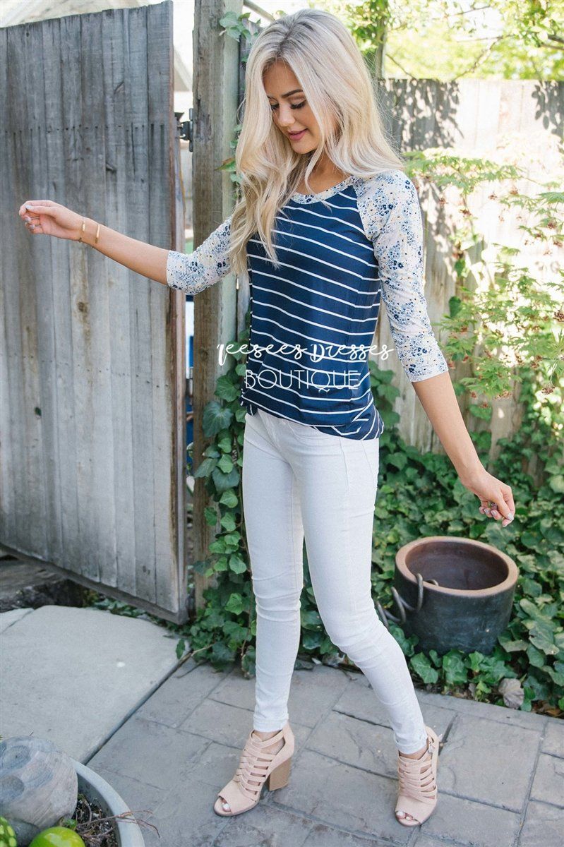 Navy Striped Floral Baseball Sleeve Tee Tops vendor-unknown