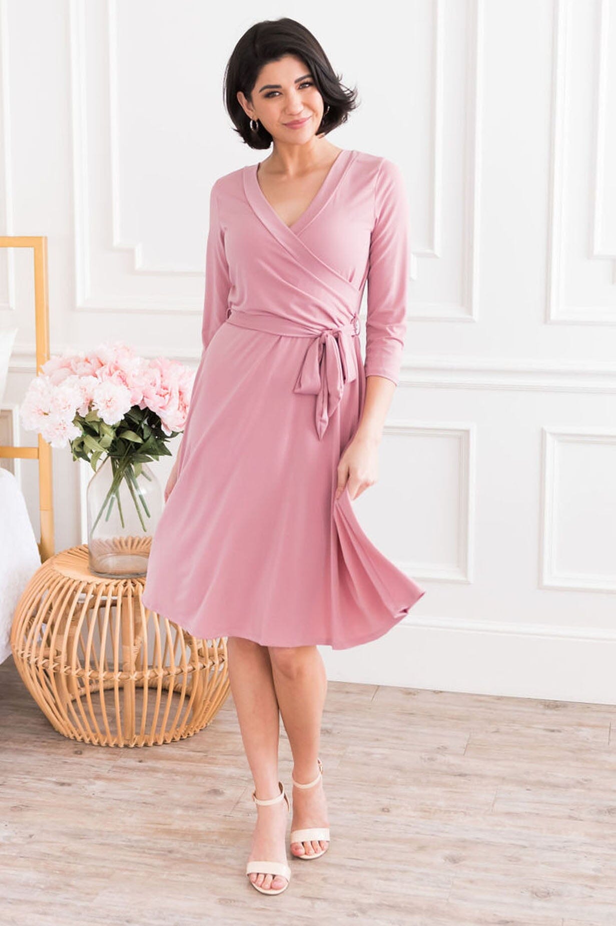 dusty pink modest dress Dusty Rose Cheap Modest Mother of the Bride Dresses Long Sleeves Prom  Dresses APD3501 main image 1