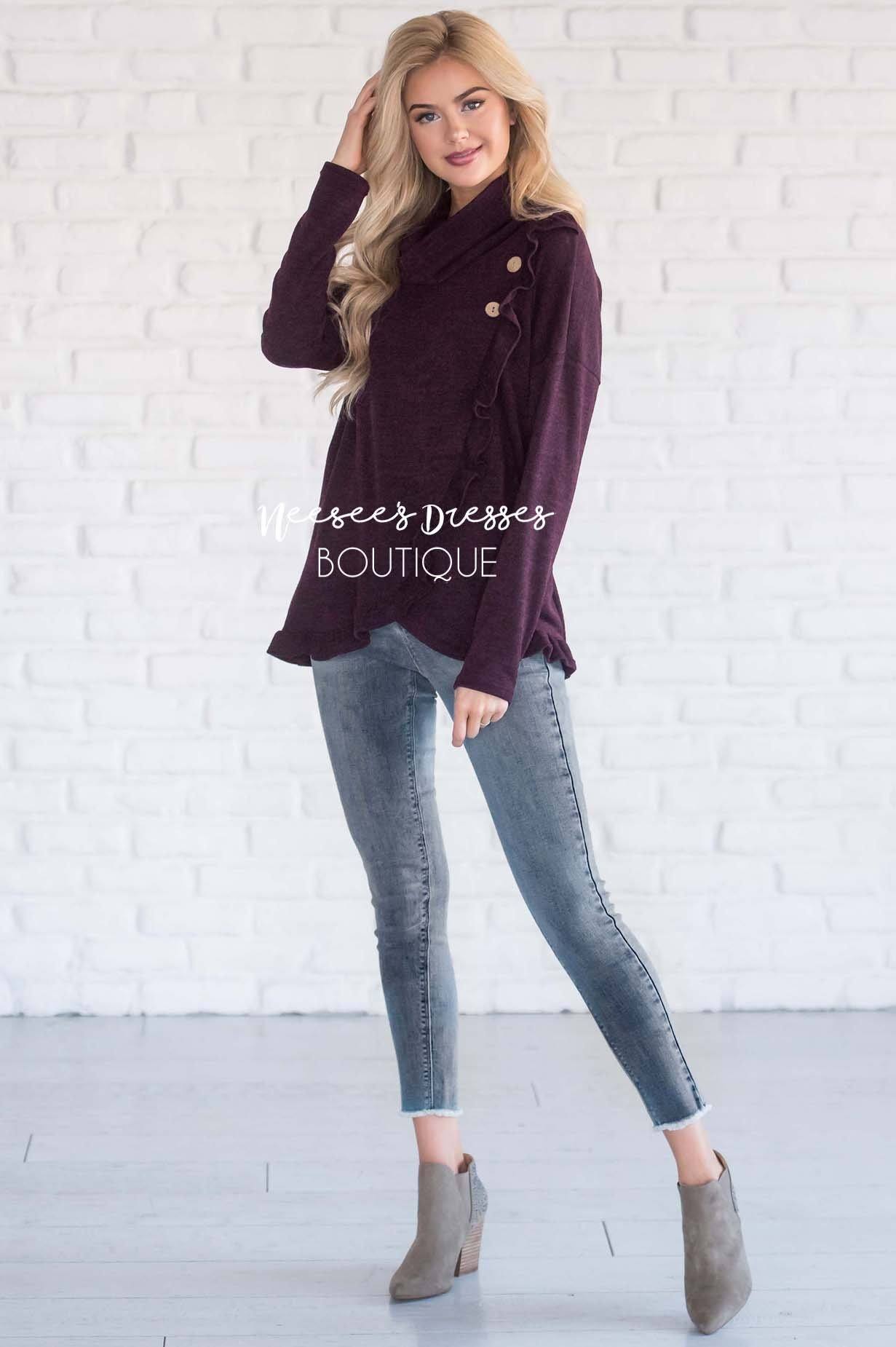 Cowl Neck Ruffle Front Sweater Tops vendor-unknown