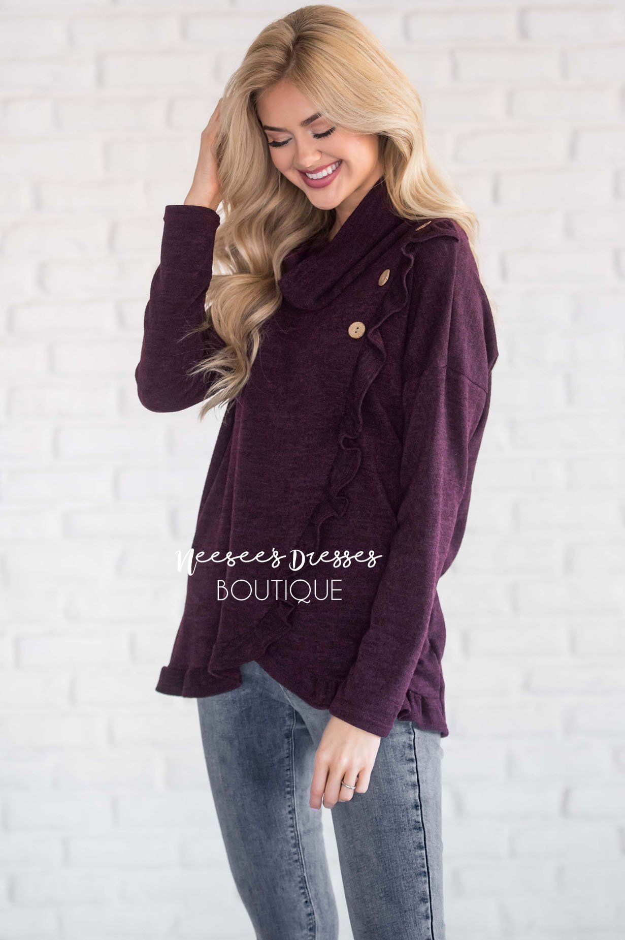 Cowl Neck Ruffle Front Sweater Tops vendor-unknown
