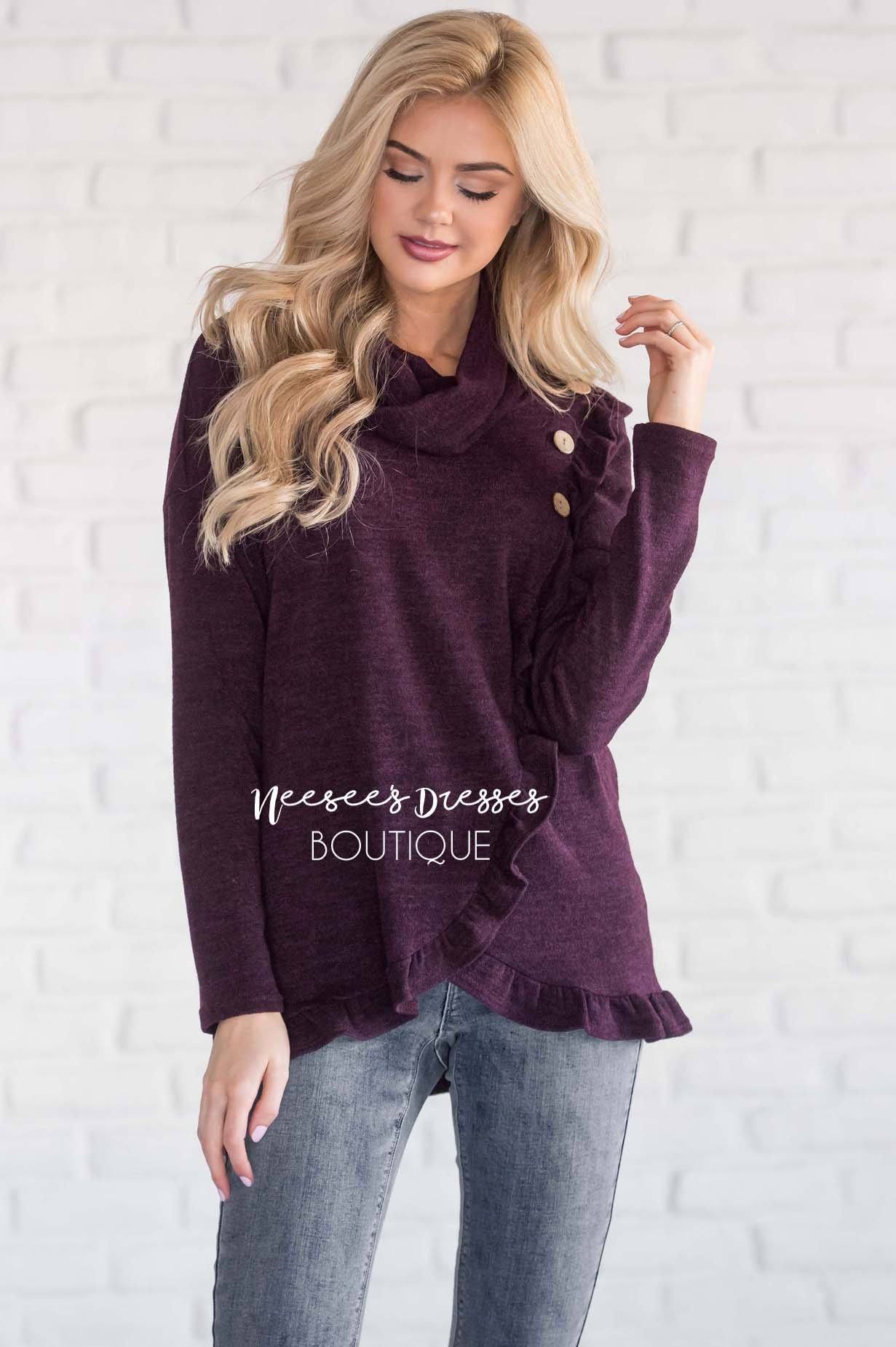 Cowl Neck Ruffle Front Sweater Tops vendor-unknown