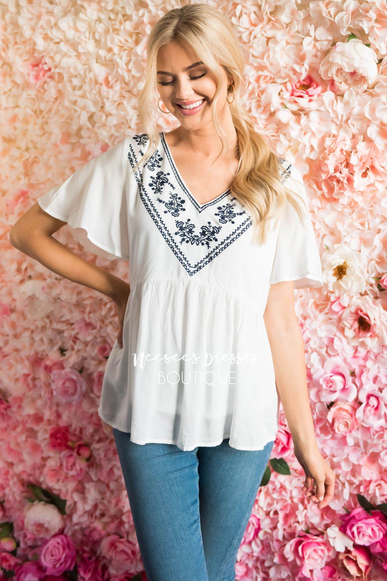 Sunshiny Embroidered Babydoll Blouse Tops vendor-unknown