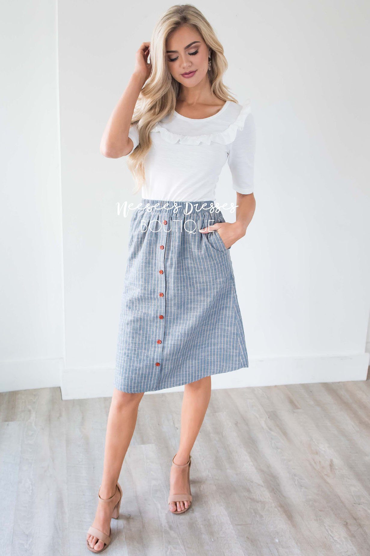 Light Denim & Tan Striped Button Down Skirt Skirts vendor-unknown