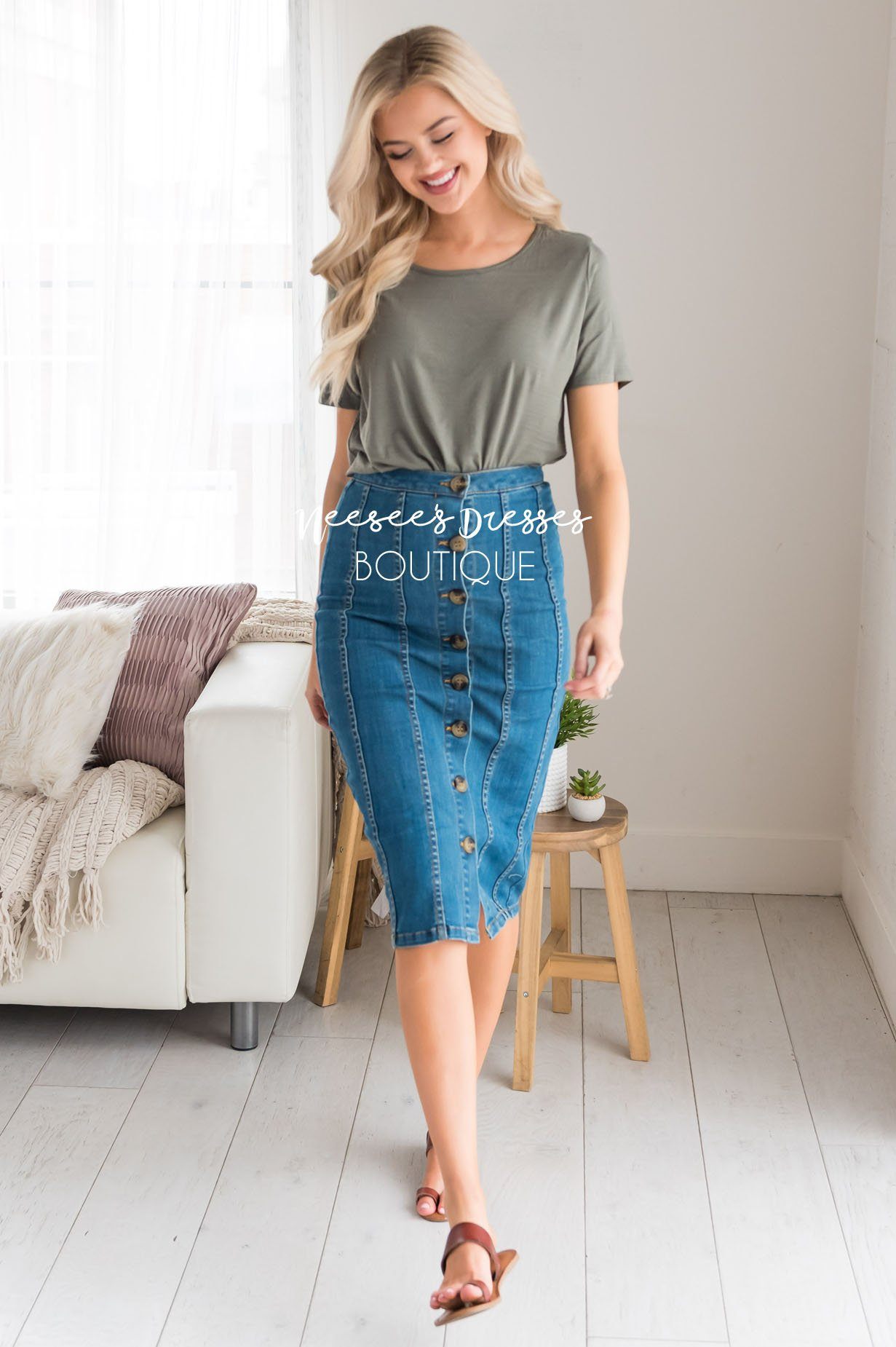 Button Front Modest Denim Skirt Skirts vendor-unknown