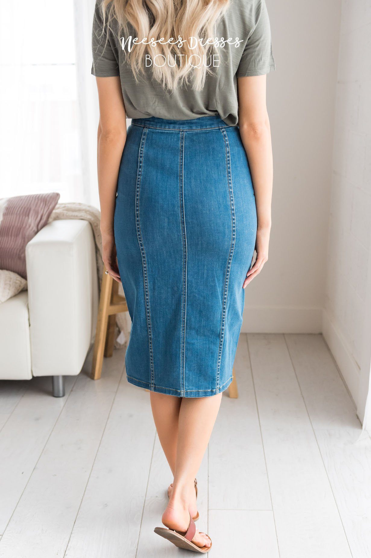 Button Front Modest Denim Skirt Skirts vendor-unknown