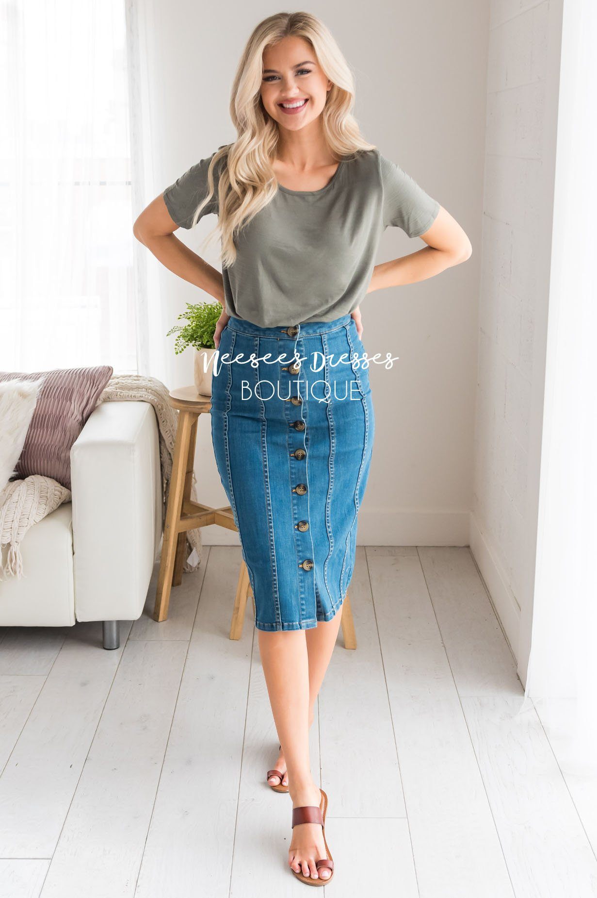 Button Front Modest Denim Skirt Skirts vendor-unknown