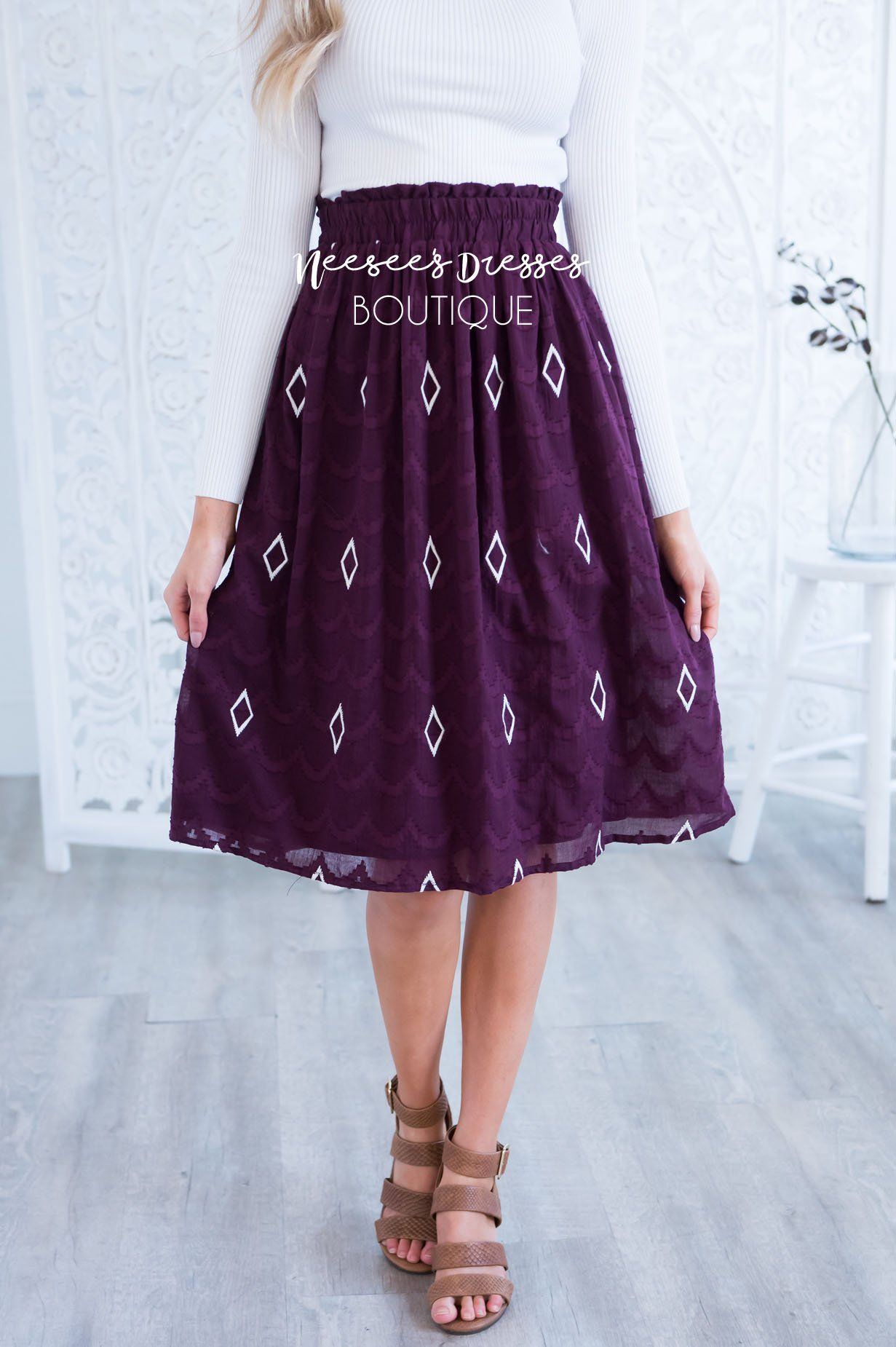 Diamond Print Textured Smocked Waist Skirt Skirts vendor-unknown