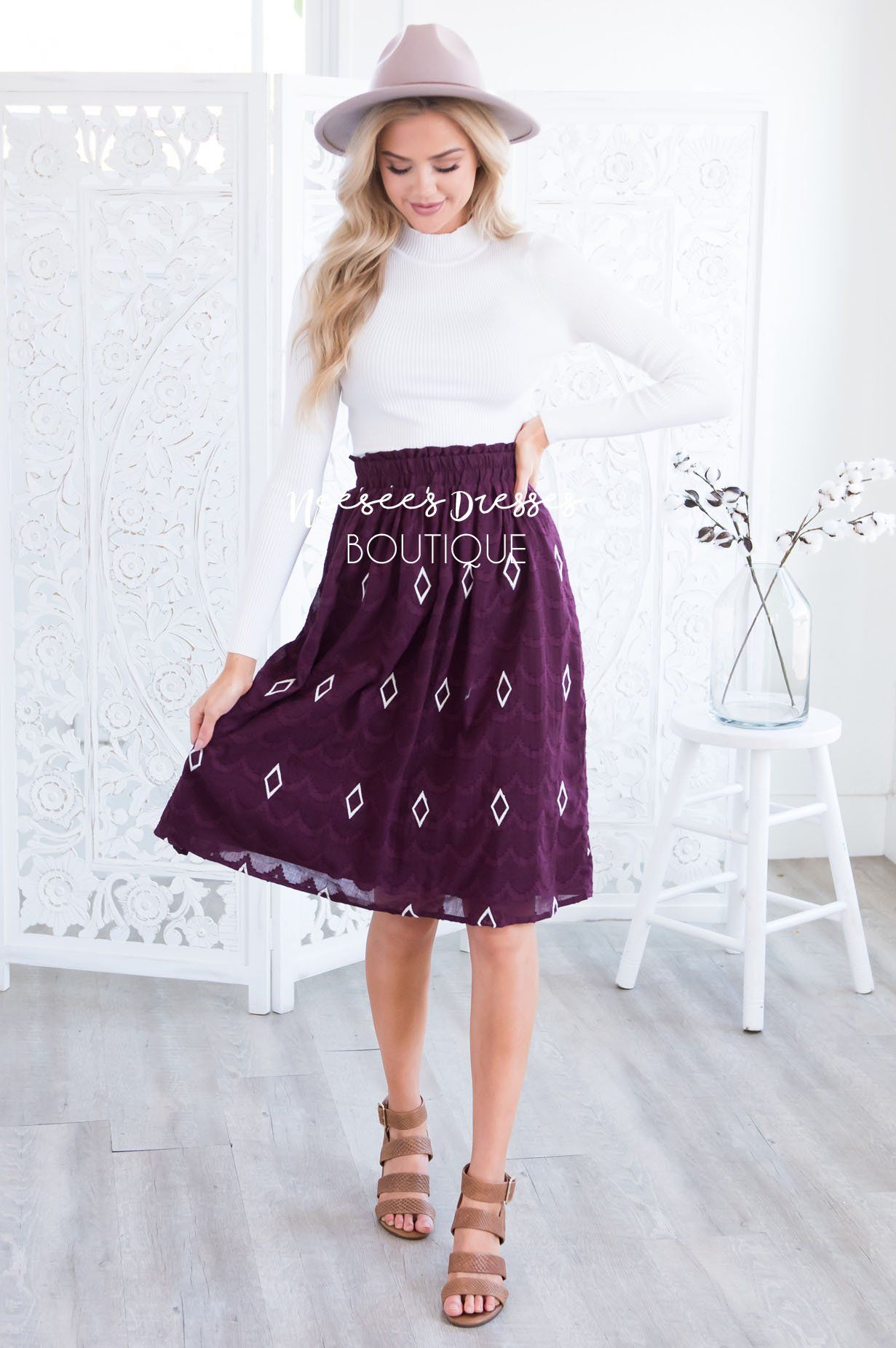 Diamond Print Textured Smocked Waist Skirt Skirts vendor-unknown
