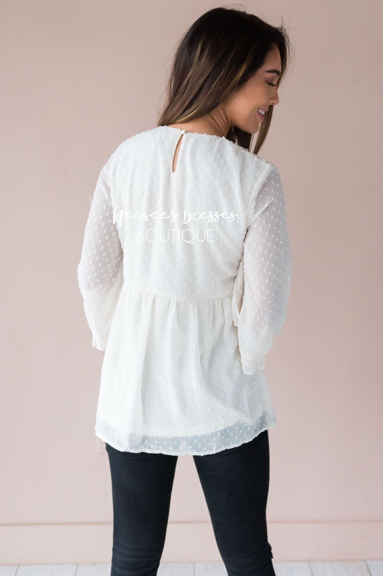 Dotted Crochet Trim Gathered Waist Blouse Tops vendor-unknown