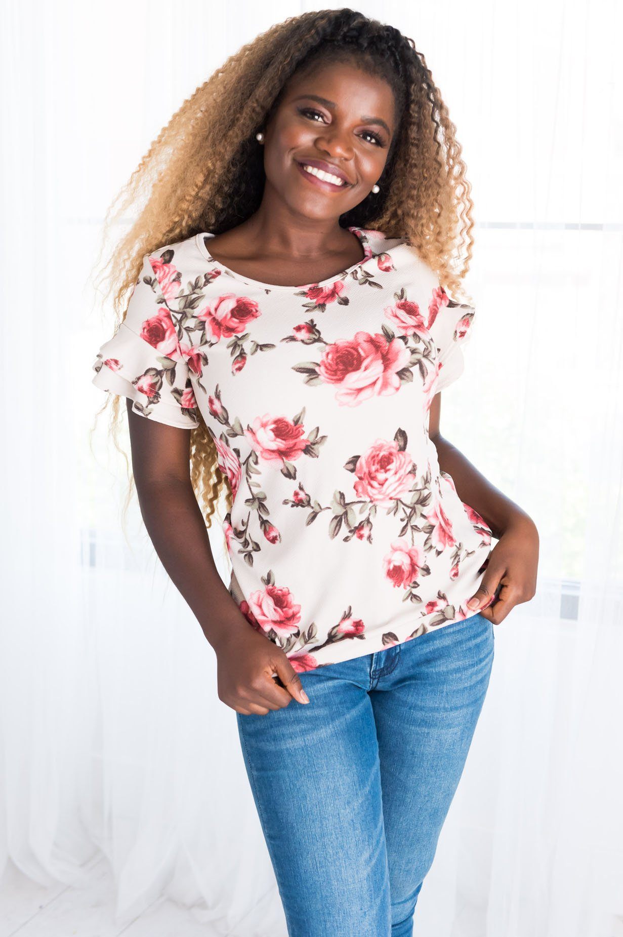 Floral Double Ruffle Sleeve Top Tops vendor-unknown