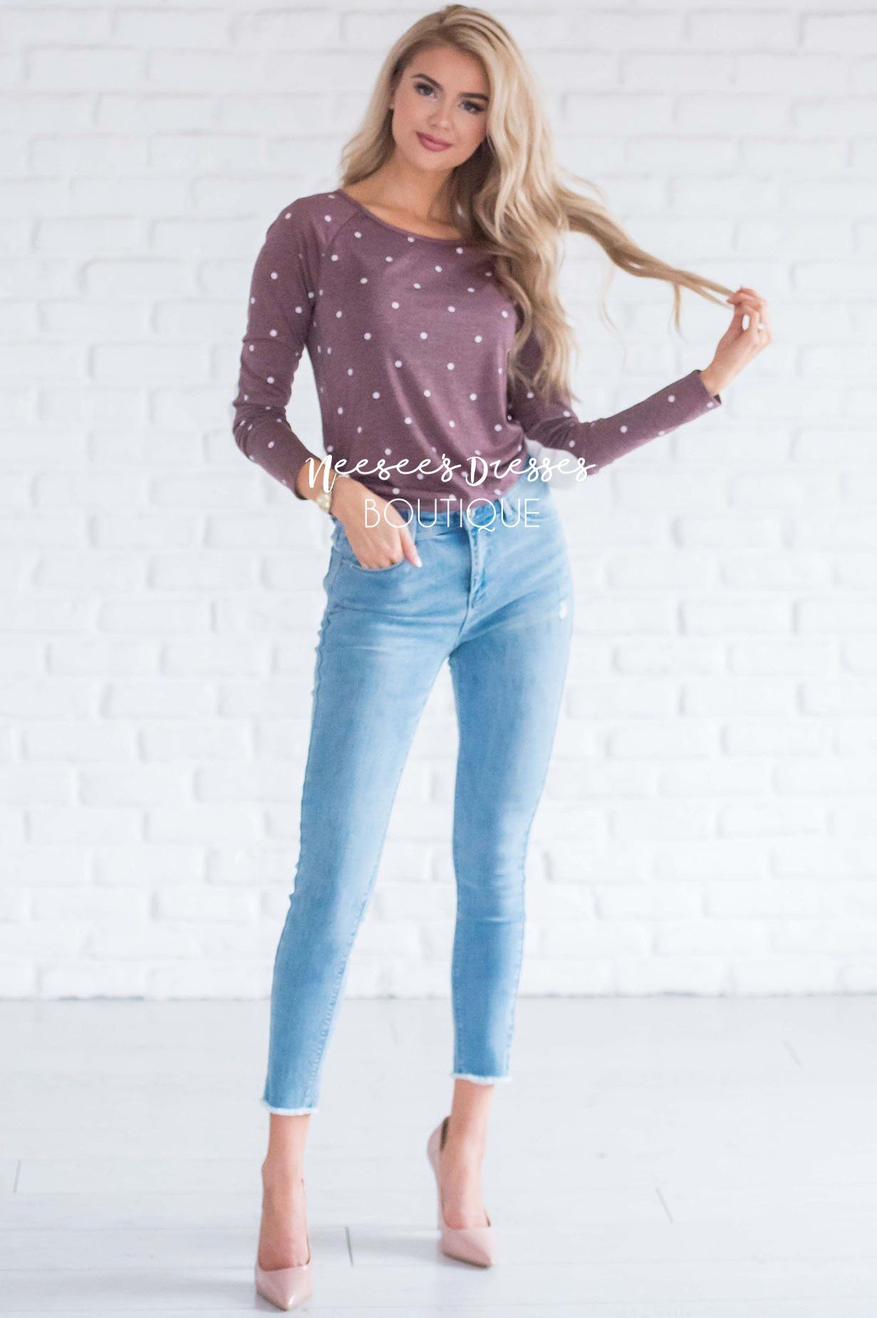 Polka Dot Elbow Patch Shirred Side Top Tops vendor-unknown