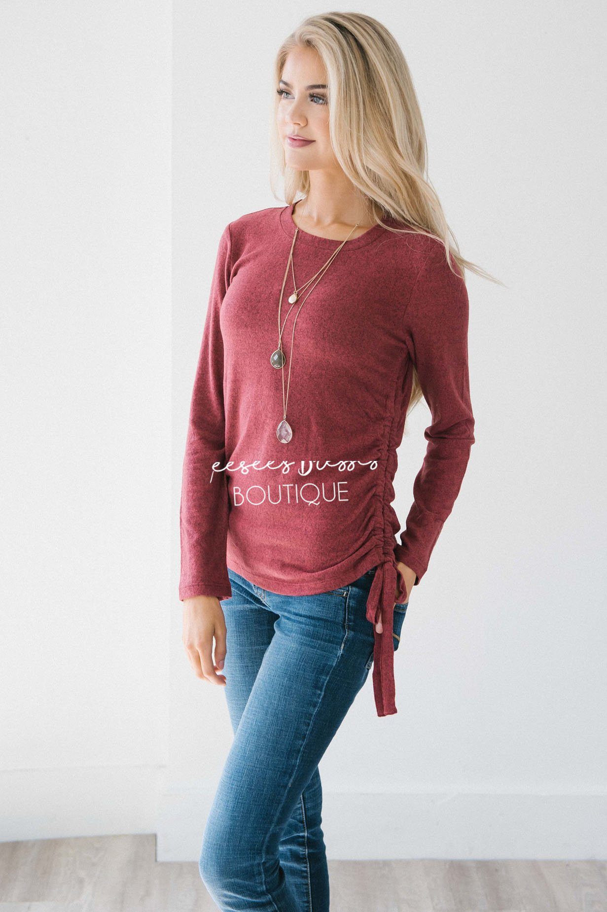 Shirred Side Tie Sweater Tops vendor-unknown
