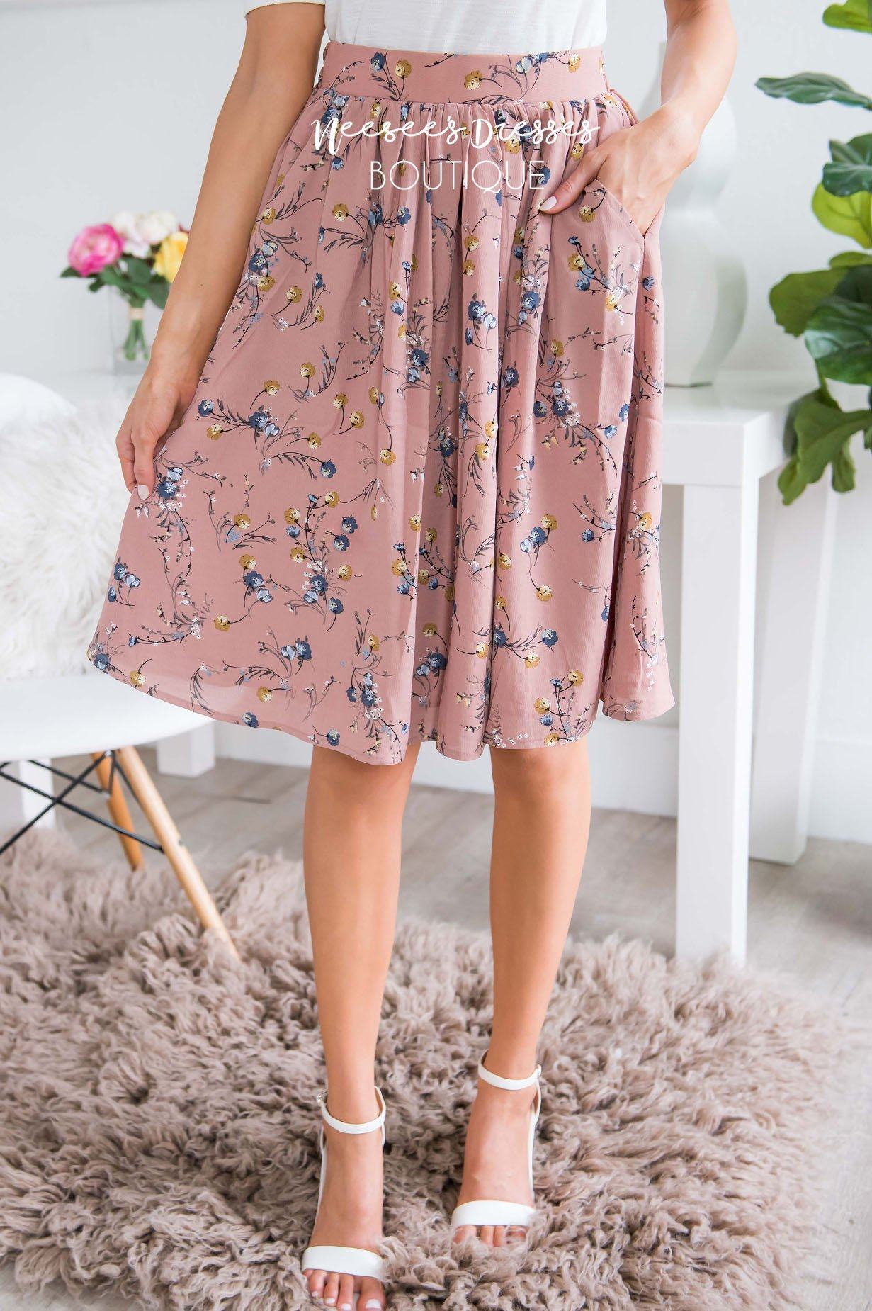 Dusty Pink & Powder Blue Floral Chiffon Skirt Skirts vendor-unknown