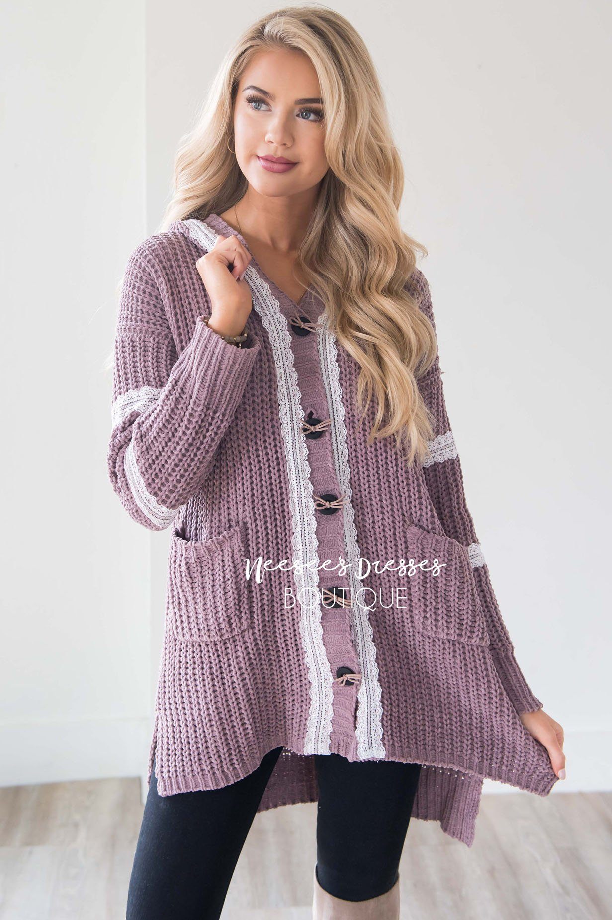 Cable Knit Lace Detail Bow Button Cardigan Tops vendor-unknown