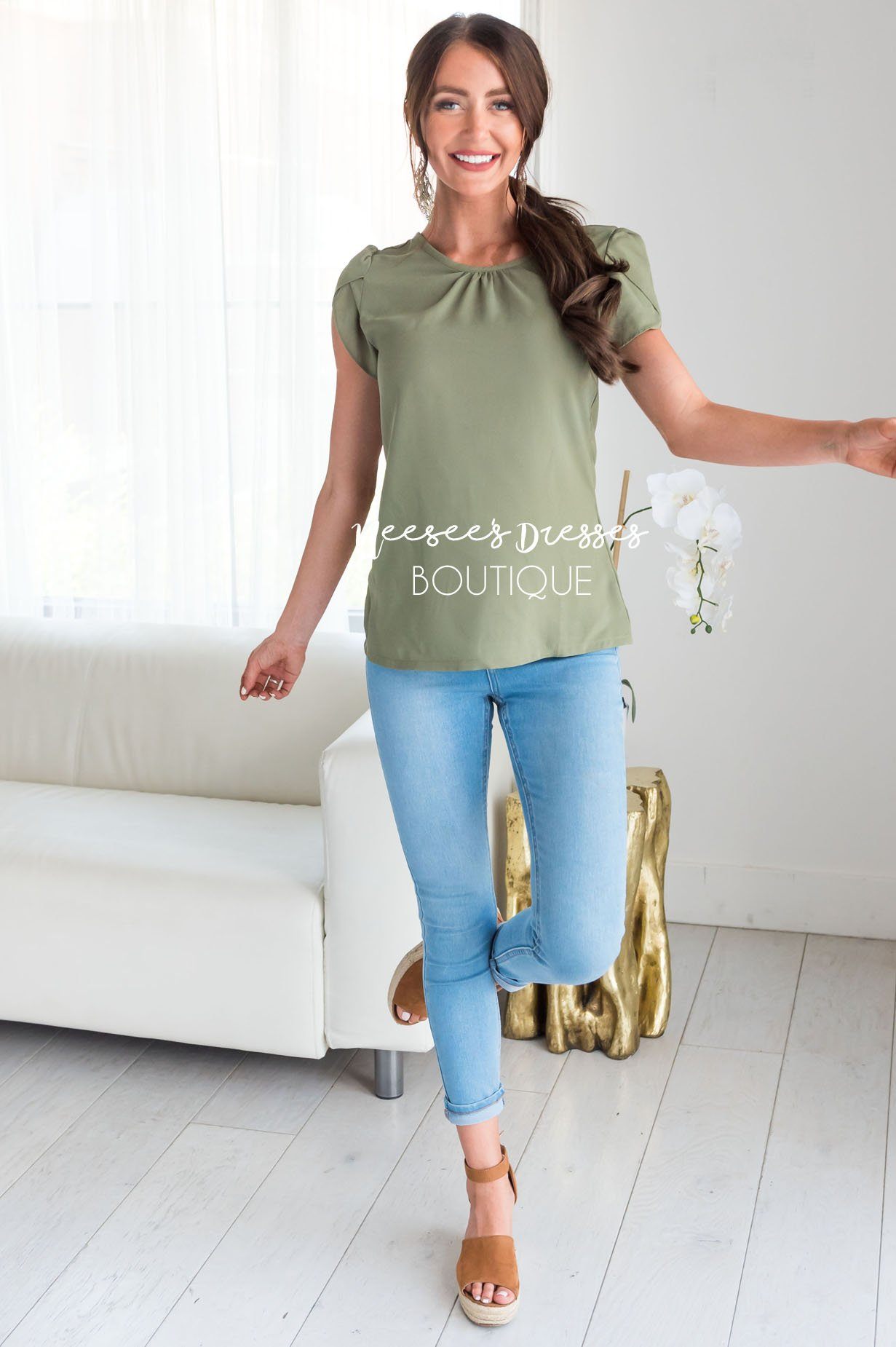 Dusty Sage Chiffon Tulip Sleeve Top Tops vendor-unknown