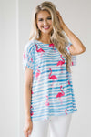 Flamingo Print Striped Top Tops vendor-unknown S Sky Blue & White Stripes with Bright Pink Flamingo Print