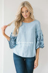 Embroidered Chambray Bell Sleeve Top Tops vendor-unknown