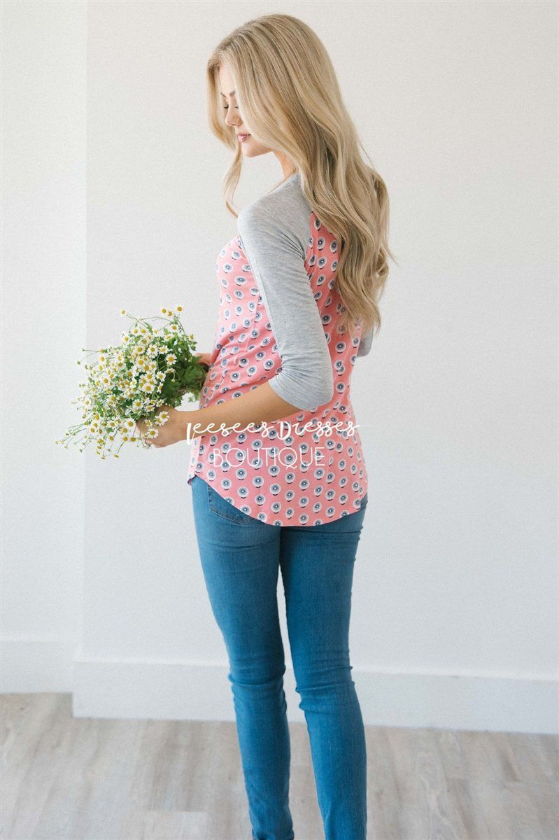 Pink Pinwheel Floral Baseball Sleeve Top Tops vendor-unknown