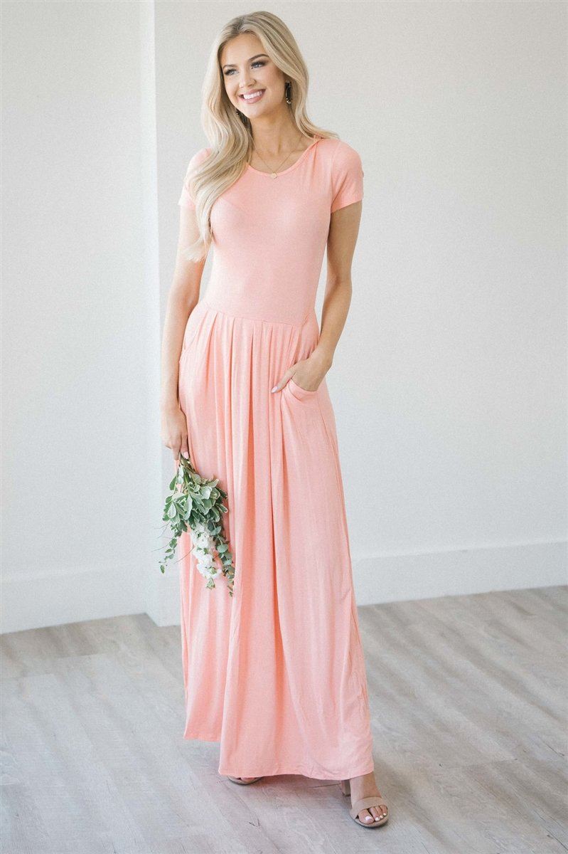 Short Sleeve Pleated Maxi Dress Modest Dresses vendor-unknown S Peach