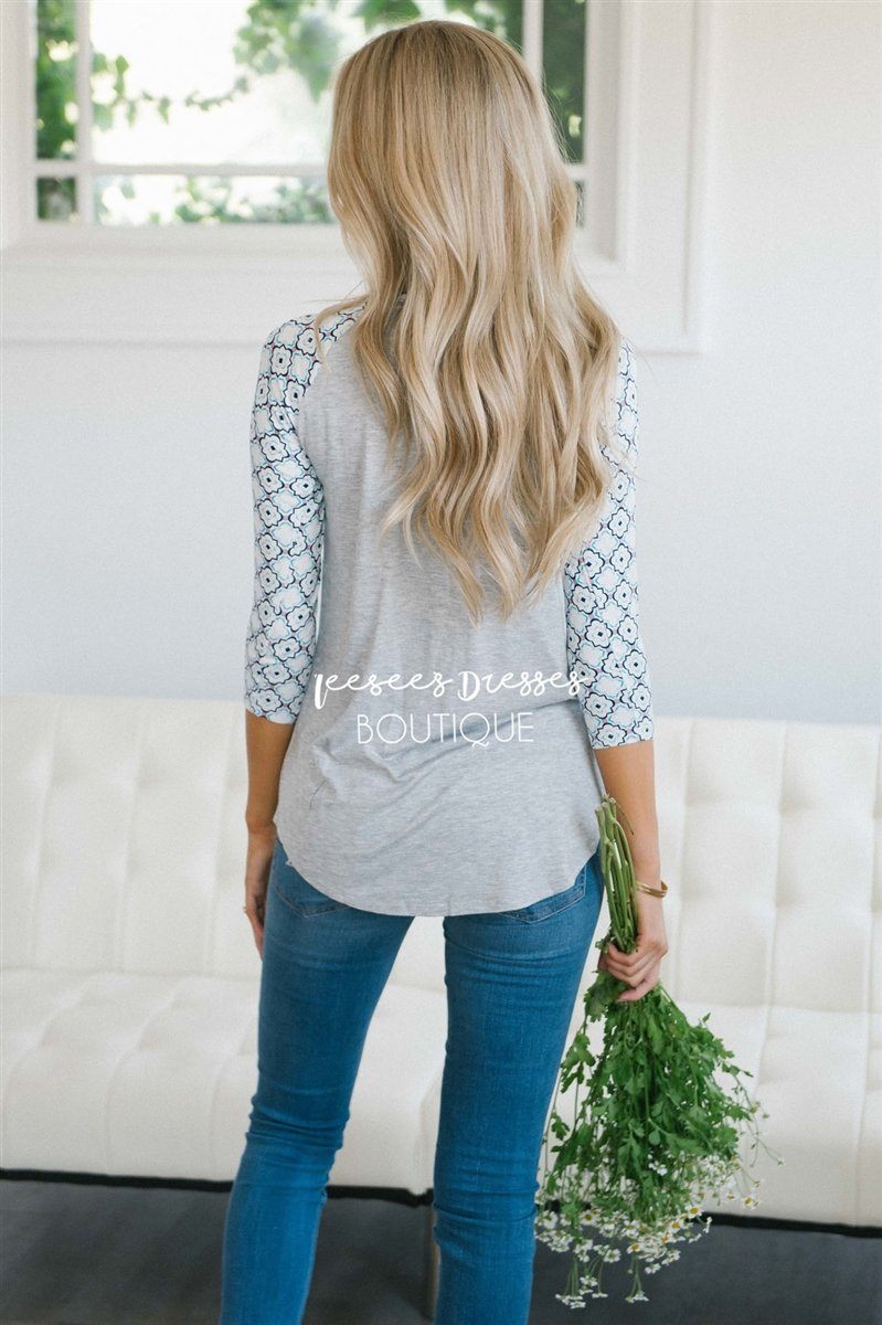 Ivory Tile Print Baseball Sleeve Top Tops vendor-unknown