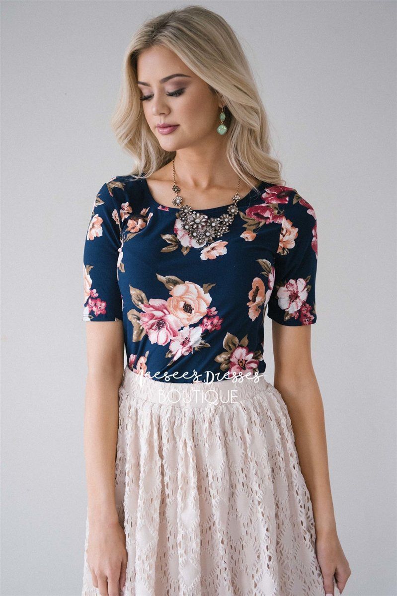 Navy Floral Scoop Neck Top Tops vendor-unknown