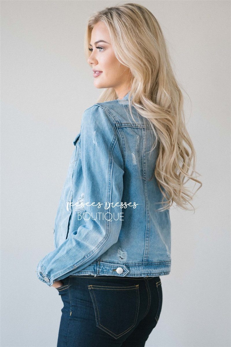 Light Denim Distressed Jean Jacket Tops vendor-unknown