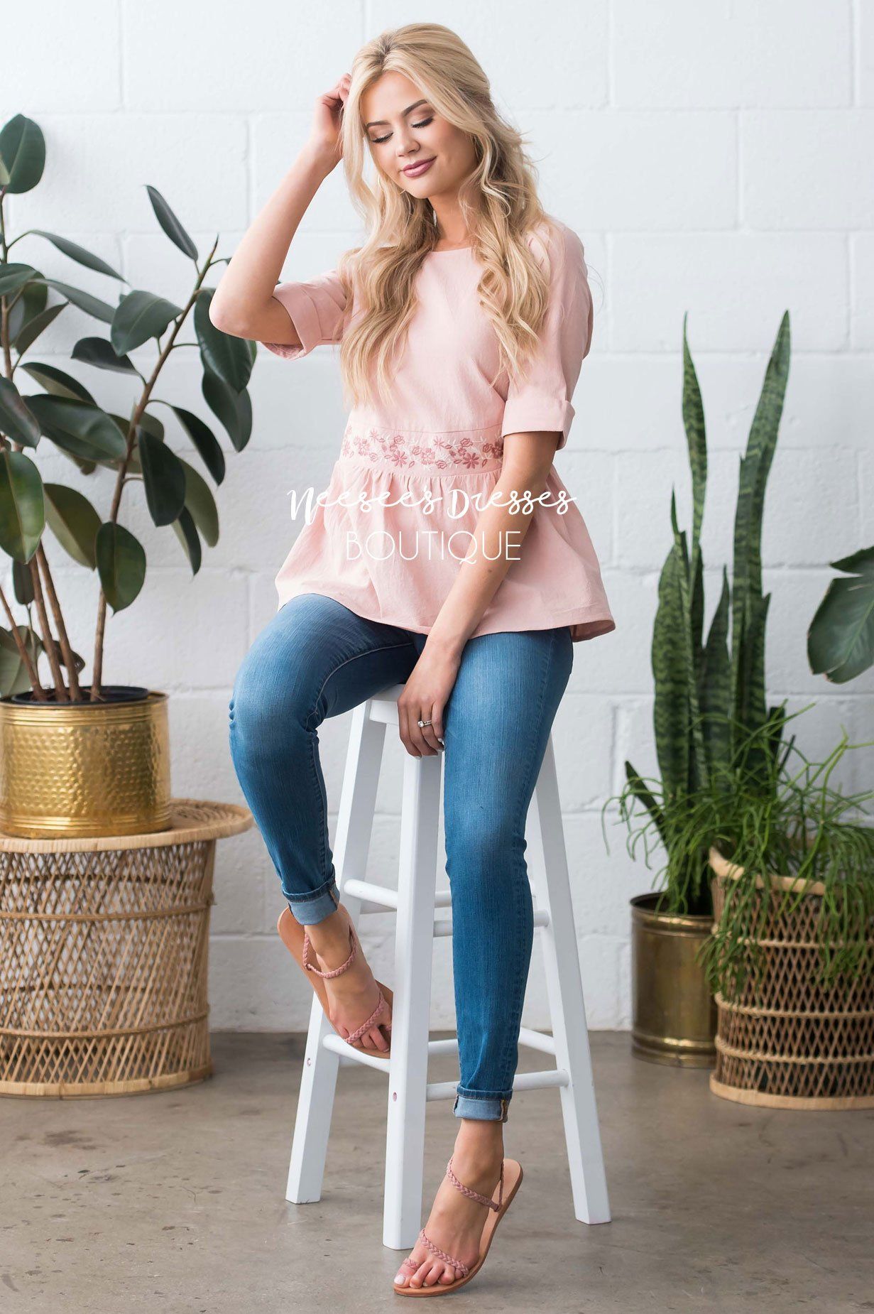 Peplum Embroidered Baby Doll Top Modest Dresses vendor-unknown