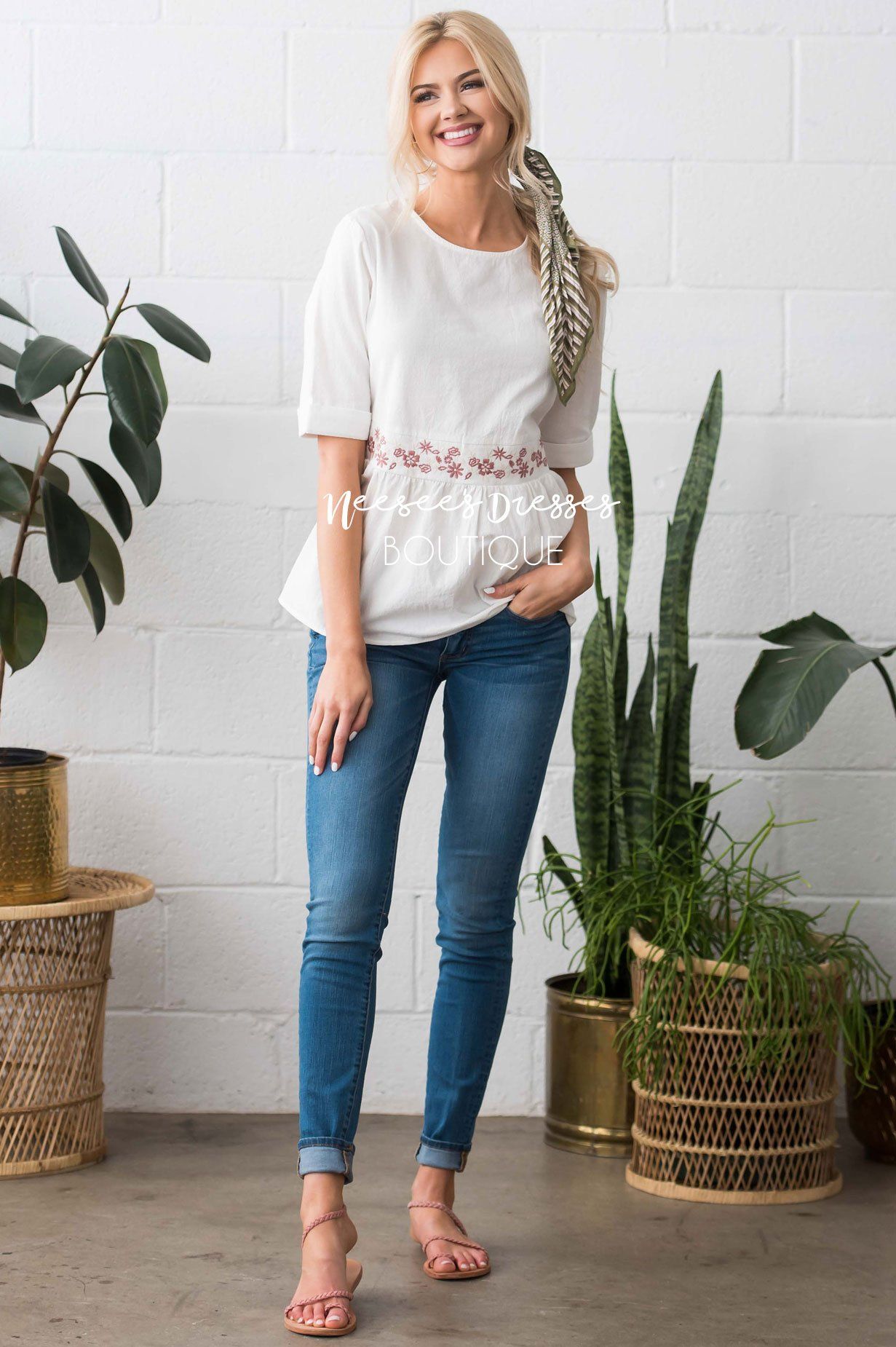 Peplum Embroidered Baby Doll Top Modest Dresses vendor-unknown