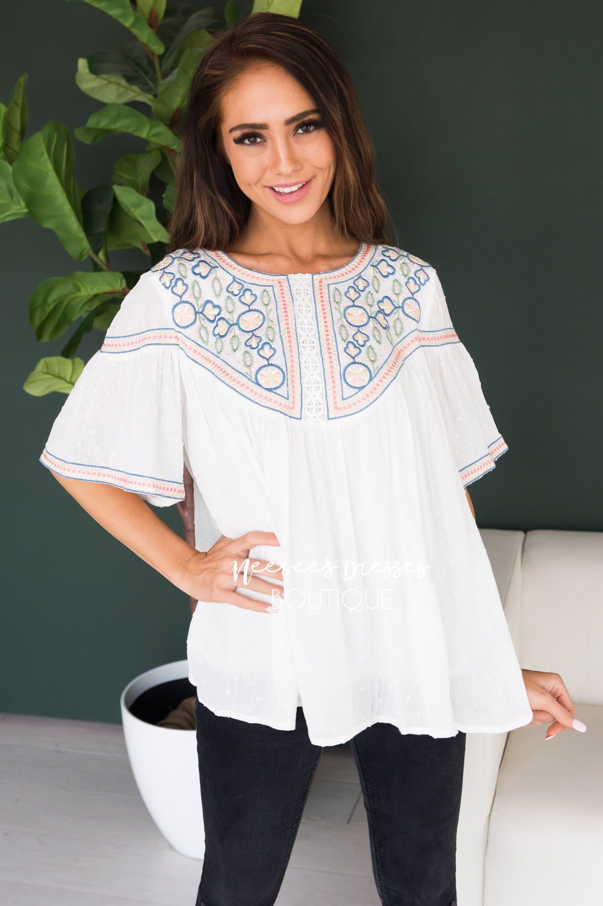 It's Go Time Modest Embroidered Blouse Tops vendor-unknown