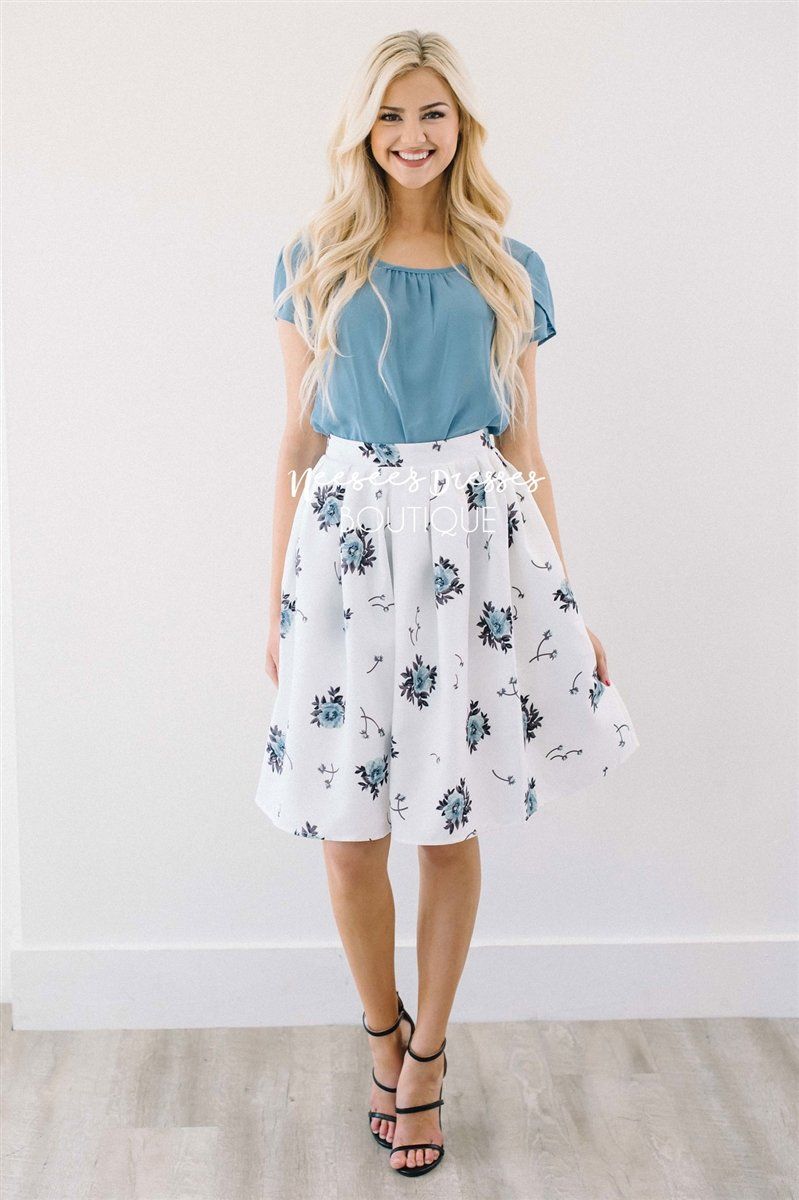 White Blue Floral Pleated Modest Skirt for Church Modest