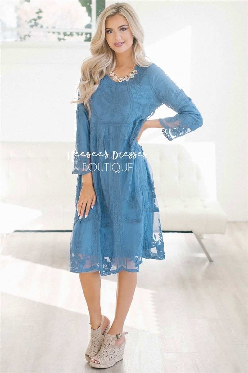 Day Dreamer Lace Dress in Cornflower Blue Modest Dresses vendor-unknown Small/Medium Cornflower Blue