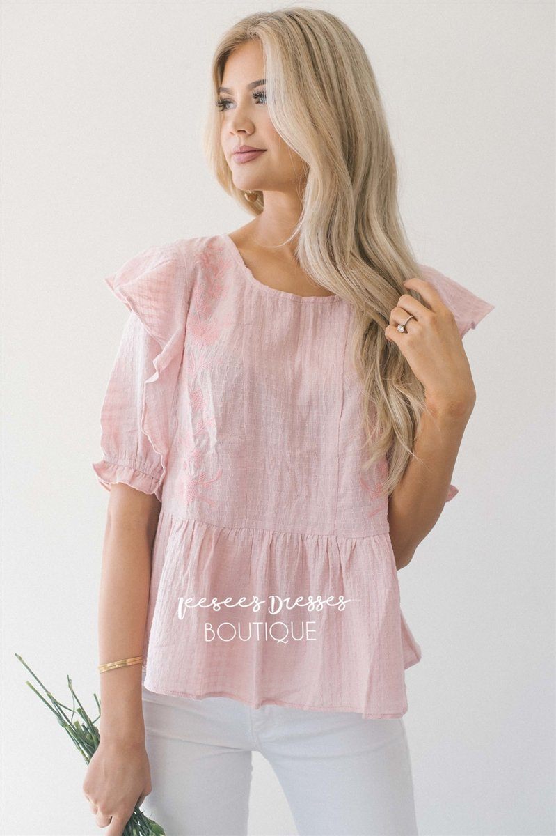 Embroidered Peplum Ruffle Sleeve Top Tops vendor-unknown