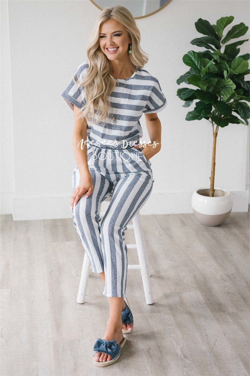 Dusty Navy Striped Jumpsuit Modest Dresses vendor-unknown S Dusty Navy