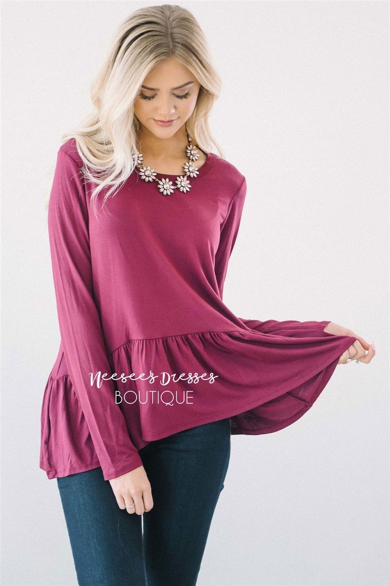Peplum Ruffle Long Sleeve Top Tops vendor-unknown