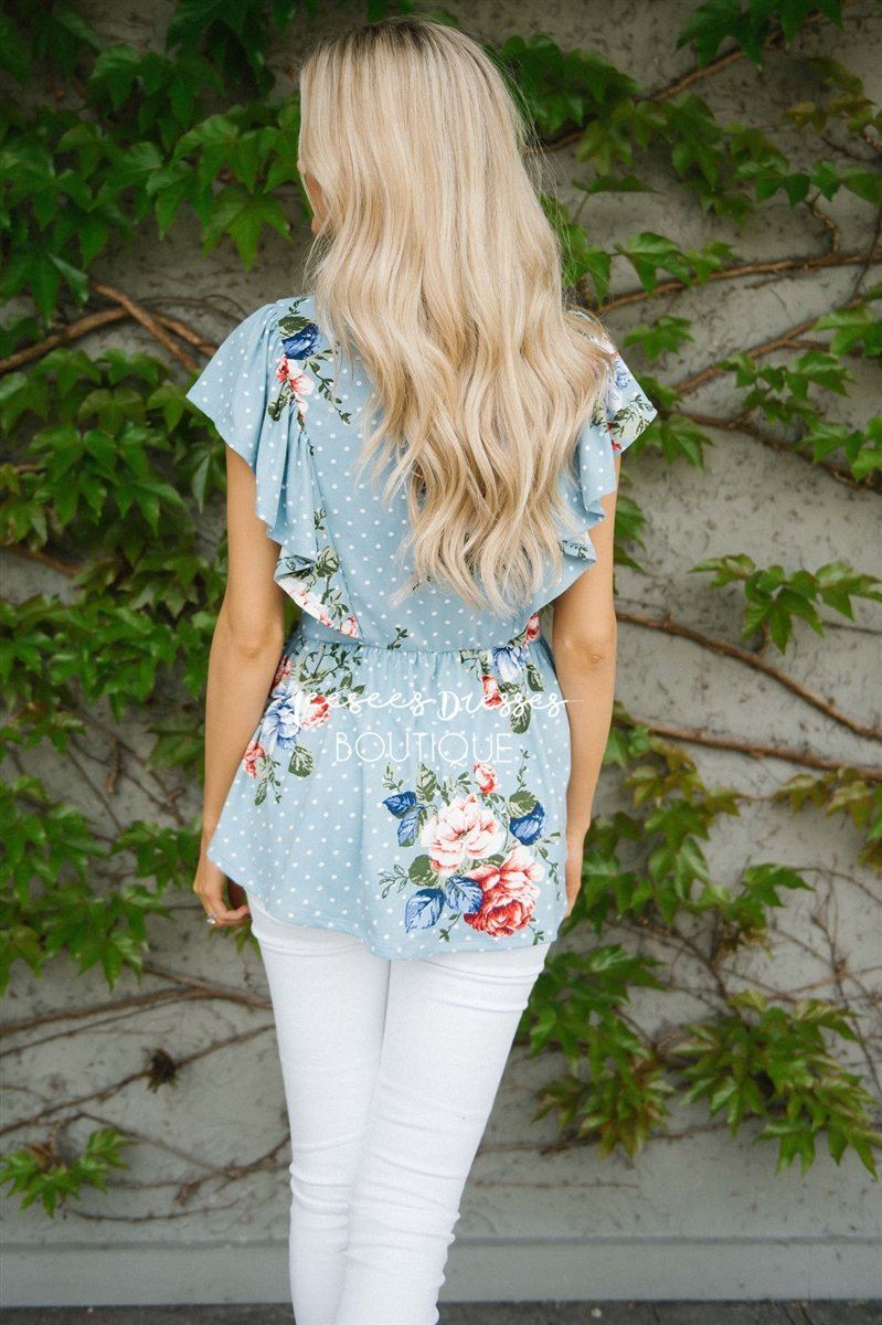 Polka Dot Floral Peplum Ruffle Top Tops vendor-unknown