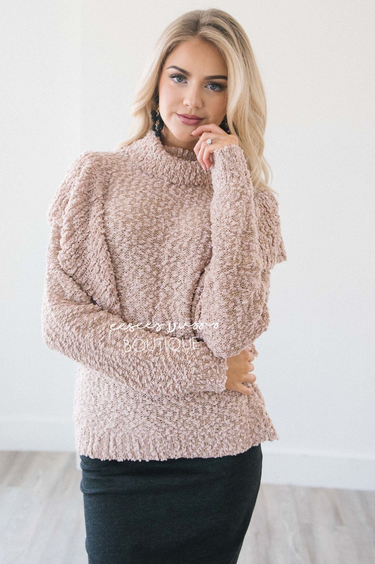 Turtle Neck Ruffle Shoulder Sweater Tops vendor-unknown