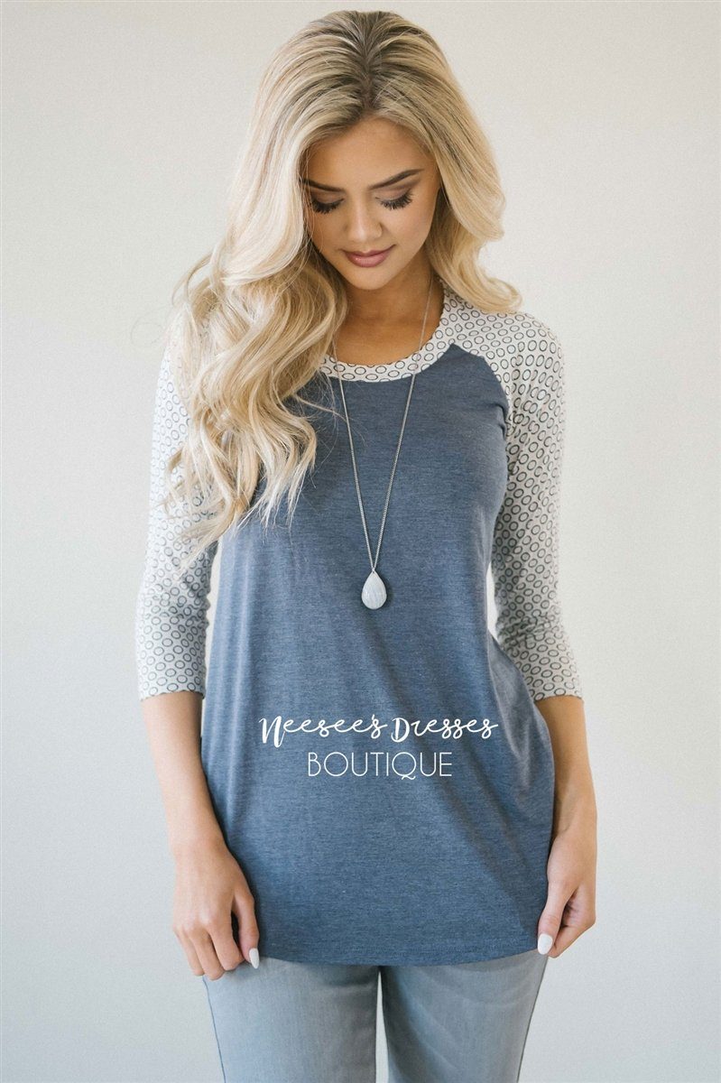 Cute Ballgame Tee Tops vendor-unknown Dusty Blue/Geo Sleeves XS