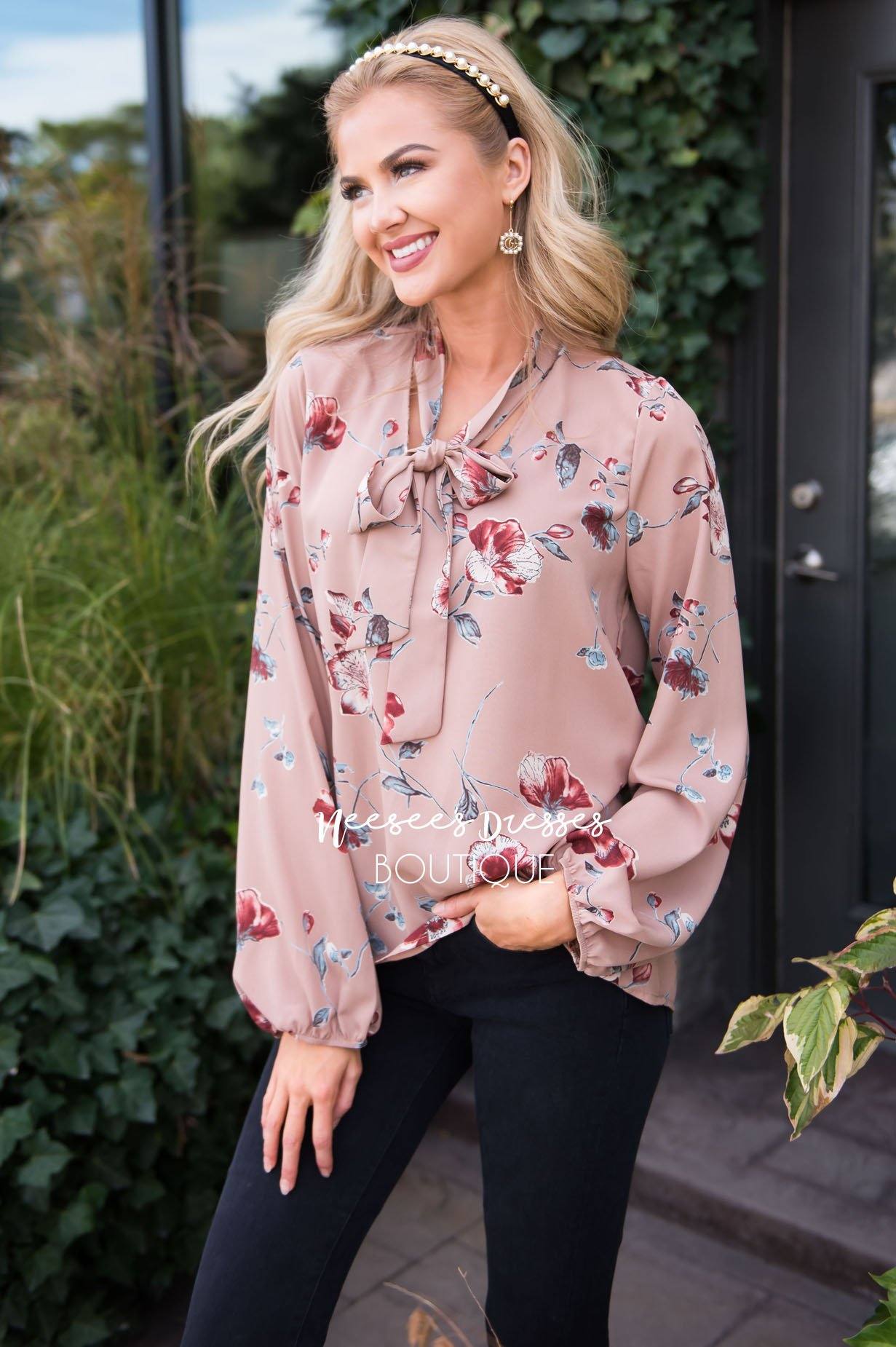 Falling for Floral Neck Tie Blouse Modest Dresses vendor-unknown