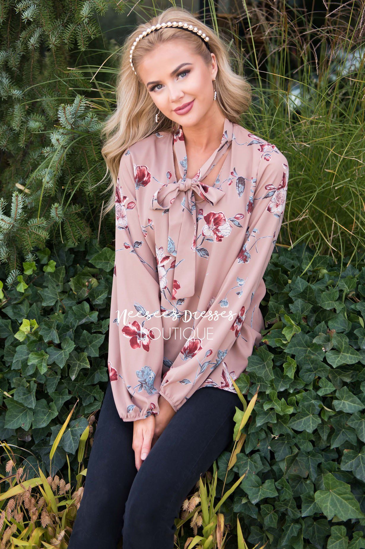 Falling for Floral Neck Tie Blouse Modest Dresses vendor-unknown