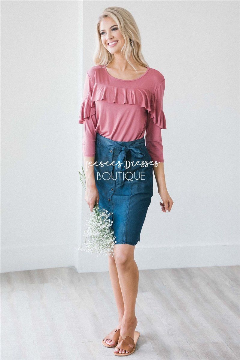 Ruffle Front Detail 3/4 Length Sleeve Top Tops vendor-unknown