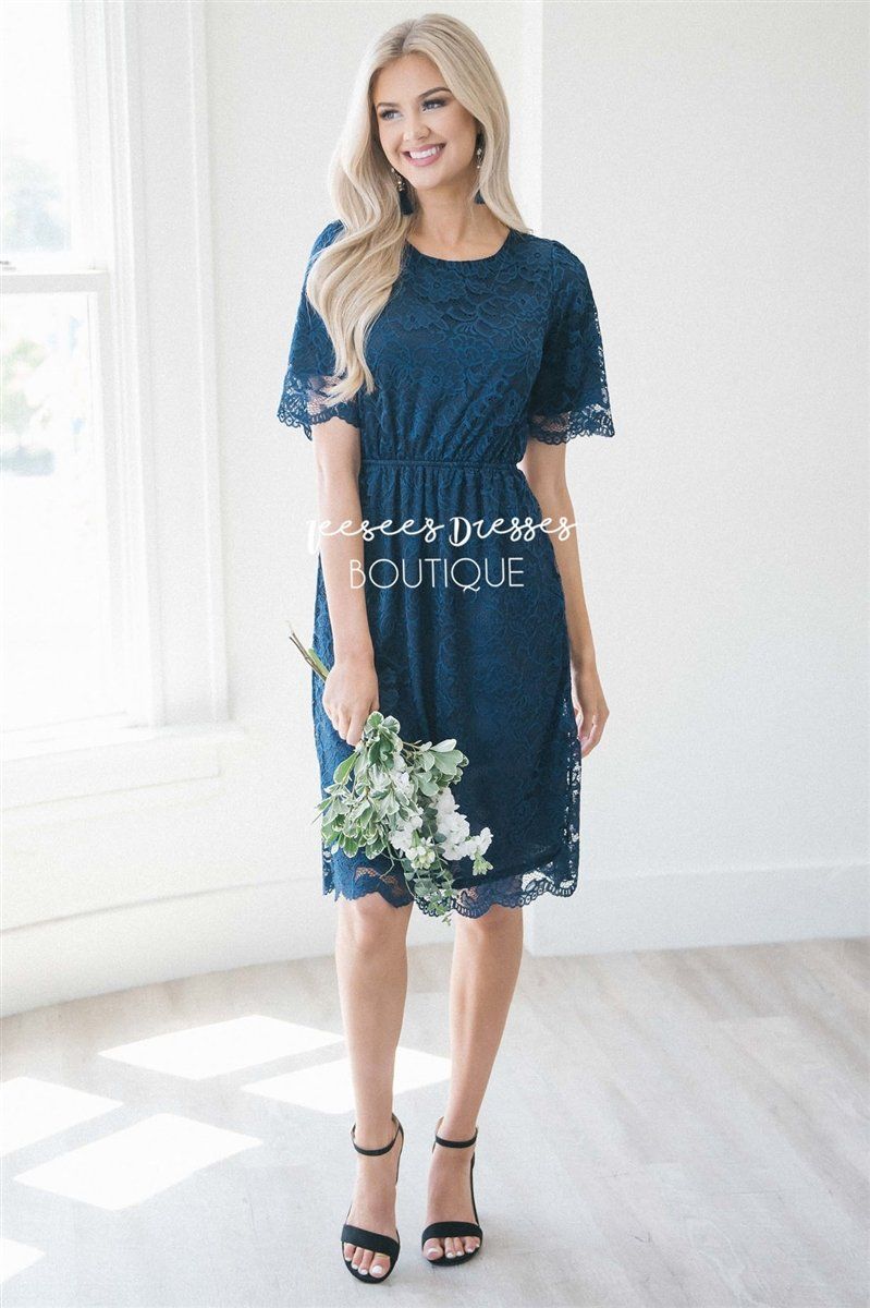 Navy Scallop Lace Dress Modest Dresses vendor-unknown