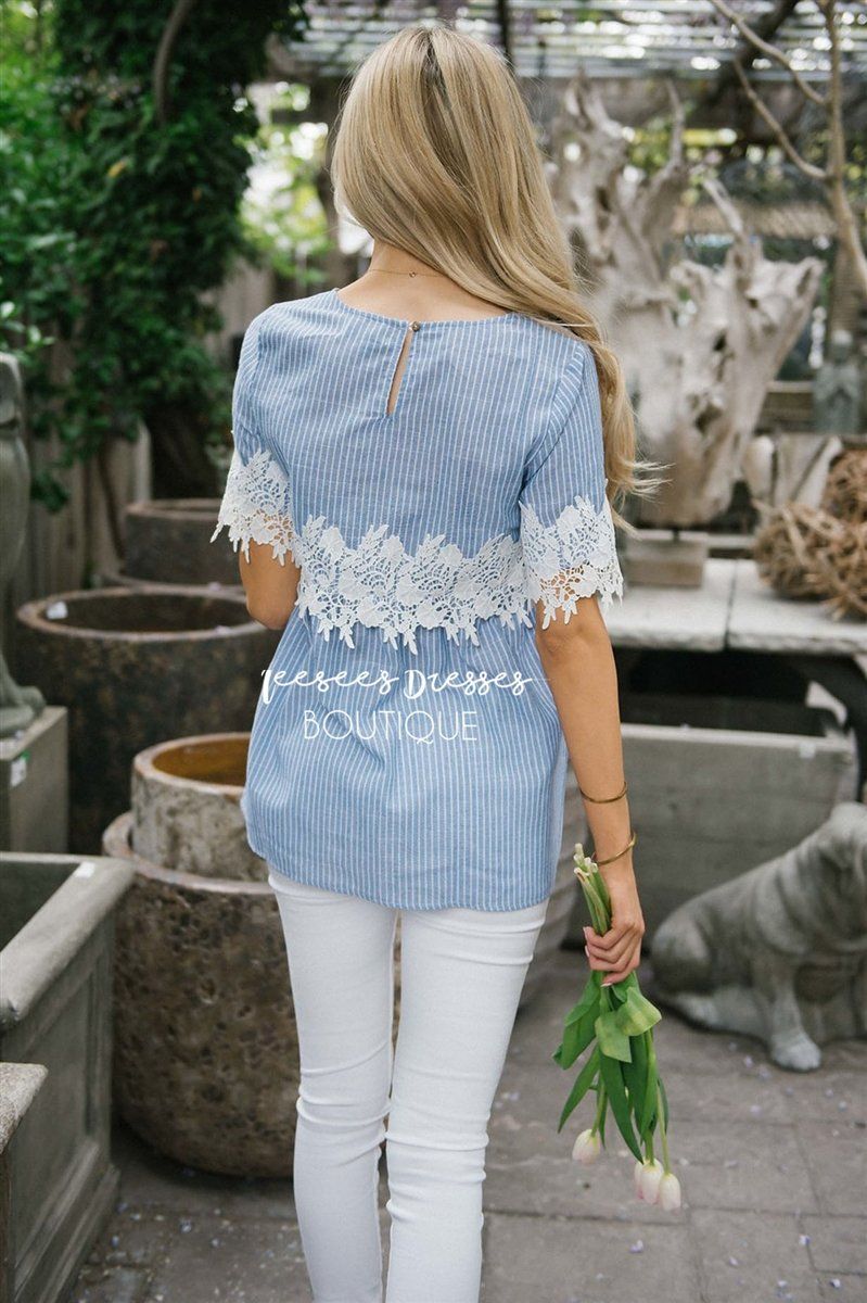 Lace Detail Striped Blouse Tops vendor-unknown