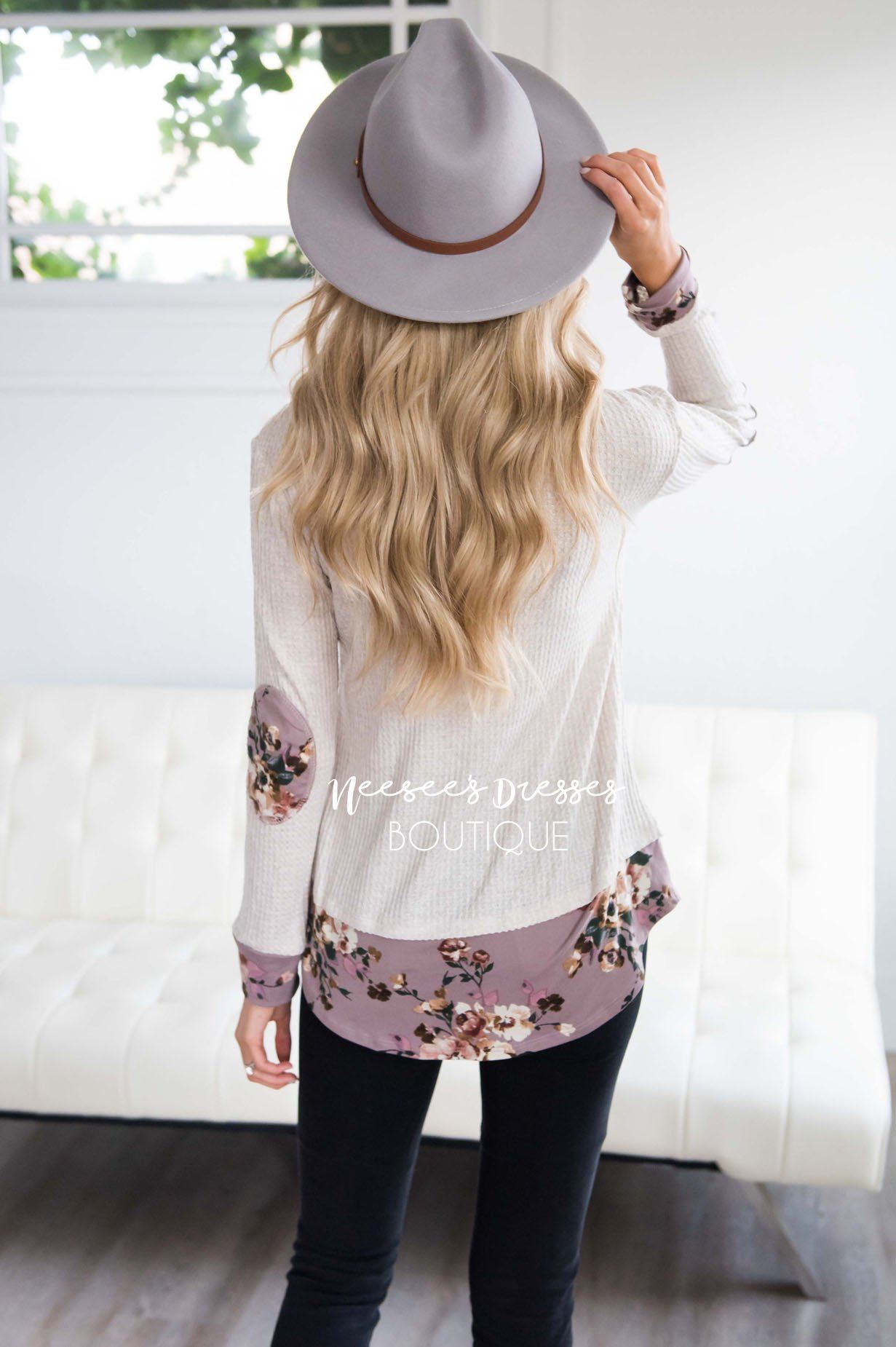 Floral Elbow Patch Chiffon Hem Top Tops vendor-unknown