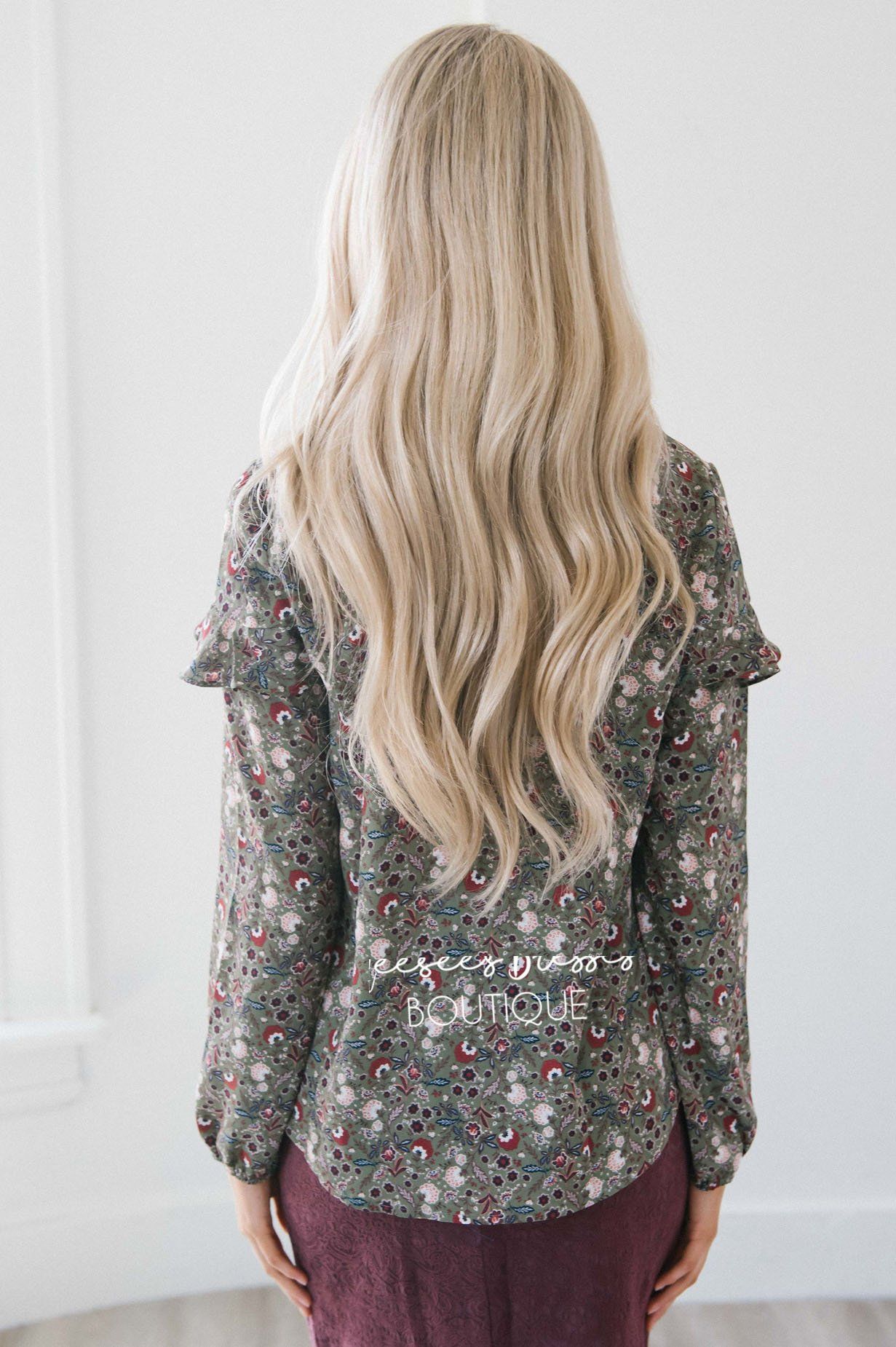 Fall Floral Long Sleeve Ruffle Blouse Modest Dresses vendor-unknown