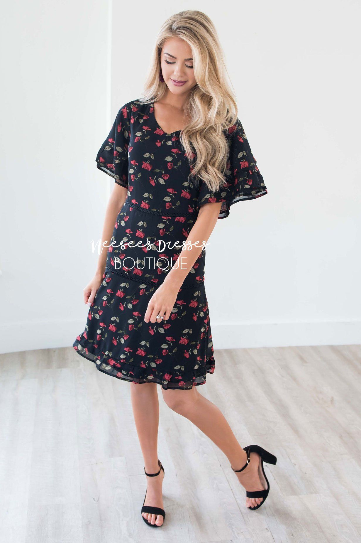 The Janessa Flutter Sleeve Floral Dress Modest Dresses vendor-unknown