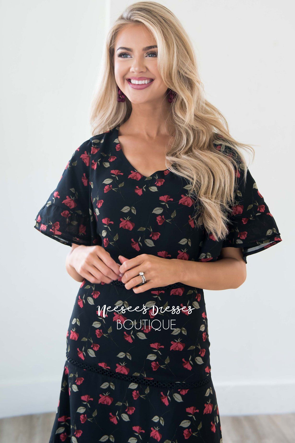 The Janessa Flutter Sleeve Floral Dress Modest Dresses vendor-unknown