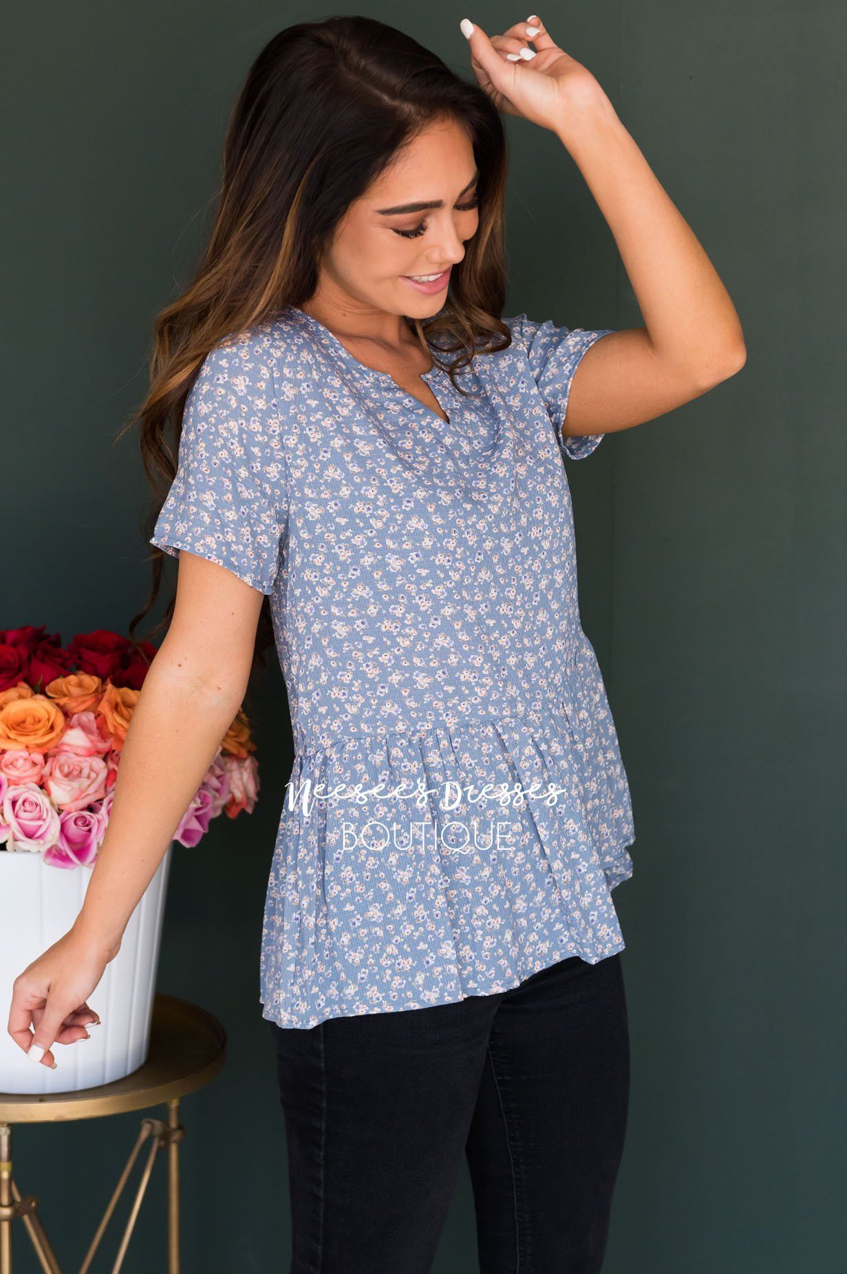 Follow Me Floral Peplum Blouse Modest Dresses vendor-unknown